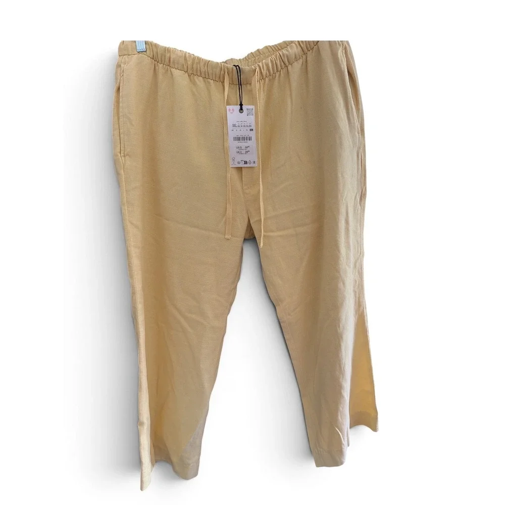 Zara Women XXL Yellow Linen Blend Elastic Waist Drawstring Relaxed Pants NWT